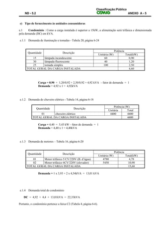 Classificação:Público
ND - 5.2 ANEXO A - 5
e) Tipo de fornecimento às unidades consumidoras
e.1 Condomínio : Como a carga instalada é superior a 15kW, a alimentação será trifásica e dimensionada
pela demanda (DC) em kVA.
e.1.1 Demanda de iluminação e tomadas - Tabela 20, página 6-24
Quantidade Descrição
Potência
Unitária (W) Total(kW)
15 lâmpada incandescente 60 0,90
30 lâmpada fluorescente 40 1,20
25 tomada simples 100 2,50
TOTAL GERAL DA CARGA INSTALADA 4,60
Carga = 0,90 + 1,20/0,92 + 2,50/0,92 = 4,92 kVA – fator de demanda = 1
Demanda = 4,92 x 1 = 4,92kVA
e.1.2 Demanda do chuveiro elétrico - Tabela 14, página 6-18
Quantidade Descrição
Potência (W)
Unitária Total
01 chuveiro elétrico 4400 4400
TOTAL GERAL DA CARGA INSTALADA 4400
Carga = 4,40 = 5,43 kW – fator de demanda = 1
Demanda = 4,40 x 1 = 4,40kVA
e.1.3 Demanda de motores – Tabela 16, página 6-20
Quantidade Descrição
Potência
Unitária (W) Total(kW)
01 Motor trifásico 5 CV/220V (B. d’água) 4780 4,78
02 Motor trifásico 6CV/220V (elevador) 5450 10,90
TOTAL GERAL DA CARGA INSTALADA 15,68
Demanda = 1 x 3,93 + 2 x 4,54kVA = 13,01 kVA
e.1.4 Demanda total do condomínio
DC = 4,92 + 4,4 + 13,01kVA = 22,33kVA
Portanto, o condomínio pertence a faixa C2 (Tabela 4, página 6-6).
 