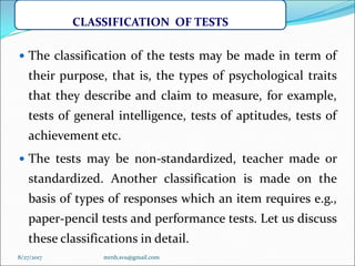 Classification Test Type Direction Types of tests in measurement and evaluation | PDF