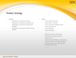Product Strategy

           Before                                              After
      •                                                    •
            – WebSphere         Everyplace Access               – Lotus Mobile Connect
            – WebSphere                                         – Lotus Notes Traveler
                                Everyplace Deployment
            – WebSphere         Everyplace Connection           – Lotus Sametime Mobile Client
               Manager                                          – Lotus Connections
            – WebSphere         Everyplace Mobile Portal        – Lotus Mashups
               Enable                                           – Lotus Expeditor
                                                                – ………
                                                                – Rational Business Developer
                                                                – WebSphere Business Monitor
                                                                – Cognos 8 Go!
                                                                – Tivoli Netcool/OMNIbus, Monitoring,
                                                                    Network Assure, Storage Manager, .
                                                                – Mobility@Work from IBM Business
                                                                    Consulting Services
                                                                – ………



                                                                                                         More…


IBM Lotus Software | Mobility
 