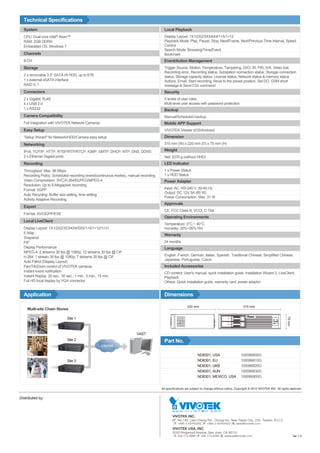 Technical Specifications
  System                                                                               Local Playback
  CPU: Dual-core Intel® Atom™                                                          Display Layout: 1X1/2X2/3X3/4X4/1+5/1+12
  RAM: 2GB DDRIII                                                                      Playback Mode: Play, Pause, Stop, Next/Frame, Next/Previous Time Interval, Speed
  Embedded OS: Windows 7                                                               Control
                                                                                       Search Mode: Browsing/Time/Event
  Channels                                                                             Bookmark
  8-CH                                                                                 Event/Action Management
  Storage                                                                              Trigger Source: Motion, Temperature, Tampering, DI/O, IR, PIR, IVA, Video lost,
                                                                                       Recording error, Recording status, Substation connection status, Storage connection
  2 x removable 3.5" SATA I/II HDD, up to 6TB                                          status, Storage capacity status, License status, Network status & memory status
  1 x external eSATA interface                                                         Actions: Email, Start recording, Move to the preset position, Set DO, GSM short
  RAID 0, 1                                                                            message & Send CGI command
  Connectors                                                                           Security
  2 x Gigabit, RJ45                                                                    5 levels of user roles
  4 x USB 2.0                                                                          Multi-level user access with password protection
  1 x RS232                                                                            Backup
  Camera Compatibility                                                                 Manual/Scheduled backup
  Full Integration with VIVOTEK Network Cameras                                        Mobile APP Support
  Easy Setup                                                                           VIVOTEK iViewer (iOS/Android)
  "Setup Wizard" for Network/HDD/Camera easy setup                                     Dimension
  Networking                                                                           315 mm (W) x 220 mm (D) x 75 mm (H)

  IPv4, TCP/IP, HTTP, RTSP/RTP/RTCP, IGMP, SMTP, DHCP, NTP, DNS, DDNS                  Weight
  2 x Ethernet Gigabit ports                                                           Net: 2270 g (without HHD)
  Recording                                                                            LED Indicator
  Throughput: Max. 96 Mbps                                                             1 x Power Status
  Recording Policy: Scheduled recording (event/continuous modes), manual recording     1 x HDD Status
  Video Compression: SVC/H.264/MJPEG/MPEG-4                                            Power Adapter
  Resolution: Up to 5-Megapixel recording
  Format: 3GPP                                                                         Input: AC 100-240 V, 50-60 Hz
                                                                                       Output: DC 12V 5A (60 W)
  Auto Recycling: Buffer size setting, time setting
                                                                                       Power Consumption: Max. 31 W
  Activity Adaptive Recording
                                                                                       Approvals
  Export
                                                                                       CE, FCC Class B, VCCI, C-Tick
  Format: AVI/3GPP/EXE
                                                                                       Operating Environments
  Local LiveClient
                                                                                       Temperature: 0°C ~ 40°C
  Display Layout: 1X1/2X2/3X3/4X4/5X5/1+5/1+12/1+31                                    Humidity: 20%~95% RH
  E-Map
                                                                                       Warranty
  Snapshot
  PiP                                                                                  24 months
  Display Performance:                                                                 Language
  MPEG-4: 2 streams 30 fps @ 1080p; 12 streams 30 fps @ CIF
  H.264: 1 stream 30 fps @ 1080p; 7 streams 30 fps @ CIF                               English, French, German, Italian, Spanish, Traditional Chinese, Simplified Chinese,
                                                                                       Japanese, Portuguese, Czech
  Auto Patrol (Display Layout)
  Pan/Tilt/Zoom control of VIVOTEK cameras                                             Included Accessories
  Instant event notification                                                           CD content: User's manual, quick installation guide, Installation Wizard 2, LiveClient,
  Instant Replay: 20 sec., 30 sec., 1 min., 5 min., 15 min.                            Playback
  Full HD local display by VGA connector                                               Others: Quick installation guide, warranty card, power adaptor


  Application                                                                          Dimensions

                                                                                                        220 mm                                     315 mm
    Multi-site Chain Stores

                            Site 1
                                                                                                                                                                                    75 mm




                                                                      VAST
                            Site 2                                                     Part No.
                                                  Internet

                                                                                                                ND8301, USA                      100086800G
                            Site 3                                                                              ND8301, EU                       100086810G
                                                                                                                ND8301, UKB                      100086820G
                                                                                                                ND8301, AUN                      100086830G
                                                                                                                ND8301, MEXICO, USA              100086900G


                                                                                     All specifications are subject to change without notice. Copyright © 2012 VIVOTEK INC. All rights reserved.


Distributed by:



                                                                                             VIVOTEK INC.
                                                                                             6F, No.192, Lien-Cheng Rd., Chung-Ho, New Taipei City, 235, Taiwan, R.O.C.
                                                                                             |T: +886-2-82455282| F: +886-2-82455532| E: sales@vivotek.com
                                                                                             VIVOTEK USA, INC.
                                                                                             2050 Ringwood Avenue, San Jose, CA 95131
                                                                                             |T: 408-773-8686| F: 408-773-8298| E: salesusa@vivotek.com                                     Ver 1.0
 