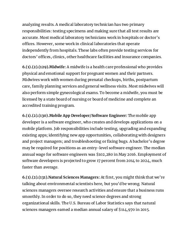 analyzing results. A medical laboratory technician has two primary
responsibilities: testing specimens and making sure that all test results are
accurate. Most medical laboratory technicians work in hospitals or doctor’s
offices. However, some work in clinical laboratories that operate
independently from hospitals. These labs often provide testing services for
doctors’ offices, clinics, other healthcare facilities and insurance companies.
6.(1).(2).(129).Midwife: A midwife is a health care professional who provides
physical and emotional support for pregnant women and their partners.
Midwives work with women during prenatal checkups, births, postpartum
care, family planning services and general wellness visits. Most midwives will
also perform simple gynecological exams. To become a midwife, you must be
licensed by a state board of nursing or board of medicine and complete an
accredited training program.
6.(1).(2).(130).Mobile App Developer/Software Engineer: The mobile app
developer is a software engineer, who creates and develops applications on a
mobile platform. Job responsibilities include testing, upgrading and expanding
existing apps; identifying new app opportunities, collaborating with designers
and project managers; and troubleshooting or fixing bugs. A bachelor’s degree
may be required for positions as an entry-level software engineer. The median
annual wage for software engineers was $102,280 in May 2016. Employment of
software developers is projected to grow 17 percent from 2014 to 2024, much
faster than average.
6.(1).(2).(131).Natural Sciences Managers: At first, you might think that we’re
talking about environmental scientists here, but you’d be wrong. Natural
sciences managers oversee research activities and ensure that a business runs
smoothly. In order to do so, they need science degrees and strong
organizational skills. The U.S. Bureau of Labor Statistics says that natural
sciences managers earned a median annual salary of $114,970 in 2015.
 