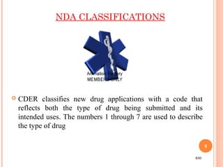 NDA CLASSIFICATIONS
 CDER classifies new drug applications with a code that
reflects both the type of drug being submitted and its
intended uses. The numbers 1 through 7 are used to describe
the type of drug
8/50
5
 
