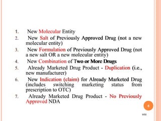 1. New Molecular Entity
2. New Salt of Previously Approved Drug (not a new
molecular entity)
3. New Formulation of Previously Approved Drug (not
a new salt OR a new molecular entity)
4. New Combination of Two or More Drugs
5. Already Marketed Drug Product - Duplication (i.e.,
new manufacturer)
6. New Indication (claim) for Already Marketed Drug
(includes switching marketing status from
prescription to OTC)
7. Already Marketed Drug Product - No Previously
Approved NDA
9/50
1. New Molecular Entity
2. New Salt of Previously Approved Drug (not a new
molecular entity)
3. New Formulation of Previously Approved Drug (not
a new salt OR a new molecular entity)
4. New Combination of Two or More Drugs
5. Already Marketed Drug Product - Duplication (i.e.,
new manufacturer)
6. New Indication (claim) for Already Marketed Drug
(includes switching marketing status from
prescription to OTC)
7. Already Marketed Drug Product - No Previously
Approved NDA
6
 