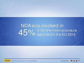 Expertise to get your product to market – and keep it there! www.ndareg.com
NDA was involved in
of the new medicinal products
approved in the EU 201345%
 