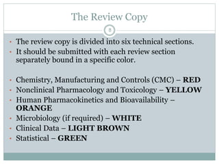 The Review Copy
• The review copy is divided into six technical sections.
• It should be submitted with each review section
separately bound in a specific color.
• Chemistry, Manufacturing and Controls (CMC) – RED
• Nonclinical Pharmacology and Toxicology – YELLOW
• Human Pharmacokinetics and Bioavailability –
ORANGE
• Microbiology (if required) – WHITE
• Clinical Data – LIGHT BROWN
• Statistical – GREEN
8
 