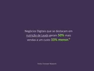 Negócios Digitais que se destacam em
nutrição de Leads geram 50% mais
vendas a um custo 33% menor.”
Fonte: Forrester Research
 
