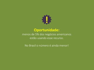 Oportunidade:
menos de 5% dos negócios americanos
estão usando esse recurso.
No Brasil o número é ainda menor!
!
 