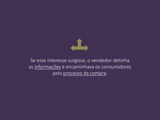 Se esse interesse surgisse, o vendedor detinha
as informações e encaminhava os consumidores
pelo processo da compra.
 