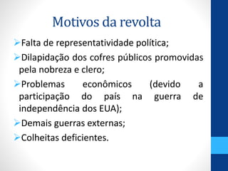 Motivos da revolta 
Falta de representatividade política; 
Dilapidação dos cofres públicos promovidas 
pela nobreza e clero; 
Problemas econômicos (devido a 
participação do país na guerra de 
independência dos EUA); 
Demais guerras externas; 
Colheitas deficientes. 
 