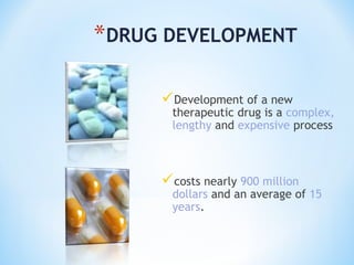 *DRUG DEVELOPMENT 
Development of a new 
therapeutic drug is a complex, 
lengthy and expensive process 
costs nearly 900 million 
dollars and an average of 15 
years. 
 