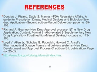 *Douglas J. Pisano, David S. Manlus –FDA Regulatory Affairs, A 
guide for Prescription Drugs, Medical Devices and Biologics-New 
drug Application –Second edition-Marcel Dekker,inc- page no 69- 
108. 
*Richard A. Guarino- New Drug Approval process-1)The New Drug 
Application, Content, Format 2) Abbreviated $ Supplementary New 
Drug Application- Fourth edition-Marcel Dekker,inc- page no 113- 
183. 
*Loyd V. Allen Jr, Nicholas G. Popovich, Howard C. Ansel’s 
Pharmaceutical Dosage Forms and delivers systems- New Drug 
Development and Approval Process-8th edition- B.I. publication- Page 
no 25-65. 
*http://www.fda.gov/cder/guidance/index.htm. 
57 
 
