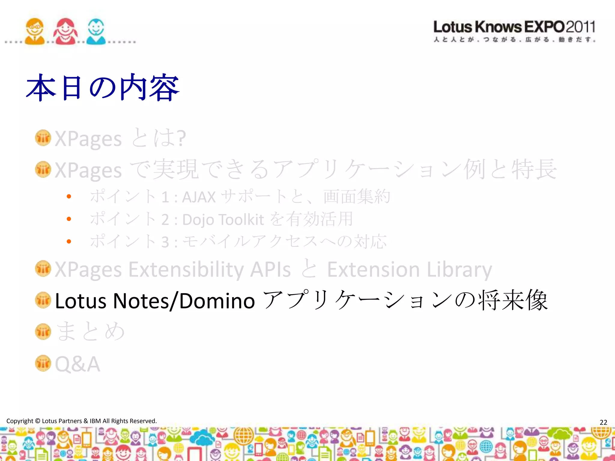 画面集約 (1/2)Lotus Domino Designer の画面現在のアプリケーションからだけでなく、複数サーバー、複数アプリケーションのビューやフォームを自由自在に配置画面に表示するビューの列、名前を独自に指定可能