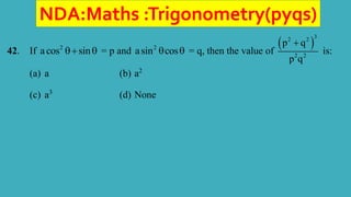 NDA:Maths :Trigonometry(pyqs)
42. If 2
acos sin
  = p and 2
asin cos
  = q, then the value of
 
3
2 2
2 2
p q
p q

is:
(a) a (b) a2
(c) a3
(d) None
 