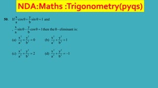 NDA:Maths :Trigonometry(pyqs)
50. If
x y
cos sin 1
a b
   and
,
x y
sin – cos 1
a b
   then the - eliminant is:
(a)
2 2
2 2
x y
0
a b
  (b)
2 2
2 2
x y
1
a b
 
(c)
2 2
2 2
x y
2
a b
  (d)
2 2
2 2
x y
–1
a b
 
 