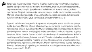 Tendeuka, mutore rwendo rwenyu, muende kumitunhu yevaAmori, nekundau
dzeshe dziri pasinde nadzo, mubani, muzvikomo, mubani, nekumaodzanyemba,
neparuwandhle, kunyika yevaKhenani, neRebhanoni, kurwizi rukuru, rukova
rweEupera. Ringirai, ndaisa nyika pamberi penyu: pindai mutore nyika yaakapika
Mambo Mwari kumadzibaba enyu, Abhurahama, Isaka naJakobe, kuti aizovapa
kwavari nemibarirwana yavo sure kwavo. Dheuteronomio 1:7-8
Ngokuti kudai mwechingwarira kungwarira mipango iyi yeshe yendinomupanga,
kuiita, kumuda Mambo Mwari, Mwari wenyu, nekuhamba munjira dzake dzeshe,
nokubatirira kwaari; Zvino Mambo Mwari unozodzinga aya madzinza eshe kubva
pamberi penyu, nemwi munozogara nhaka yemadzinza makuru nesimba kupinda
imwimwi. Ndau dzeshe dzemunozotsika tsoka dzenyu dzinozoita dzenyu: kubvira
mushango neRebhanoni, kubvira murwizi Yufrate, metsa kuguma kuruandhle
rwekumabvazuva kunozoita mugano wenyu. Akuna naumwe unozokona kuema
pamberi penyu, ngokuti Mambo Mwari, Mwari wenyu unozoisa kutyisa nokutyisa
kwenyu padera penyika yeshe yomunozotsika, kudai ngezvaakaereketa kwomuri.
Dheuteronomio 11:22-25
 