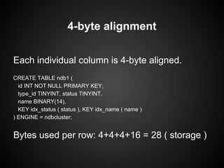 Each individual column is 4-byte aligned.
CREATE TABLE ndb1 (
id INT NOT NULL PRIMARY KEY,
type_id TINYINT, status TINYINT,
name BINARY(14),
KEY idx_status ( status ), KEY idx_name ( name )
) ENGINE = ndbcluster;
Bytes used per row: 4+4+4+16 = 28 ( storage )
4-byte alignment
 