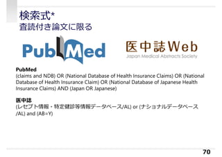検索式*
査読付き論⽂に限る
70
PubMed
(claims and NDB) OR (National Database of Health Insurance Claims) OR (National
Database of Health Insurance Claim) OR (National Database of Japanese Health
Insurance Claims) AND (Japan OR Japanese)
医中誌
(レセプト情報・特定健診等情報データベース/AL) or (ナショナルデータベース
/AL) and (AB=Y)
 