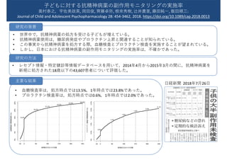 • 世界中で，抗精神病薬の処方を受ける子どもが増えている。
• 抗精神病薬使用は，糖尿病発症やプロラクチン上昇と関連することが知られている。
• この事実から抗精神病薬を処方する際，血糖検査とプロラクチン検査を実施することが望まれている。
• しかし，日本における抗精神病薬の副作用モニタリングの実施率は，不確かであった。
• レセプト情報・特定健診等情報データベースを用いて，2014年4月から2015年3月の間に，抗精神病薬を
新規に処方された18歳以下の43,607患者について評価した。
日経新聞 2018年7月26日
子どもに対する抗精神病薬の副作用モニタリングの実施率
奥村泰之，宇佐美政英, 岡田俊, 齊藤卓弥, 根來秀樹, 辻井農亜, 藤田純一, 飯田順三:
Journal of Child and Adolescent Psychopharmacology 28: 454-3462, 2018. https://doi.org/10.1089/cap.2018.0013
研究の背景
研究の方法
• 血糖検査率は，処方時点では13.5%，1年時点では23.8%であった。
• プロラクチン検査率は，処方時点では0.6%，1年時点では2.0%であった。
主要な結果
 