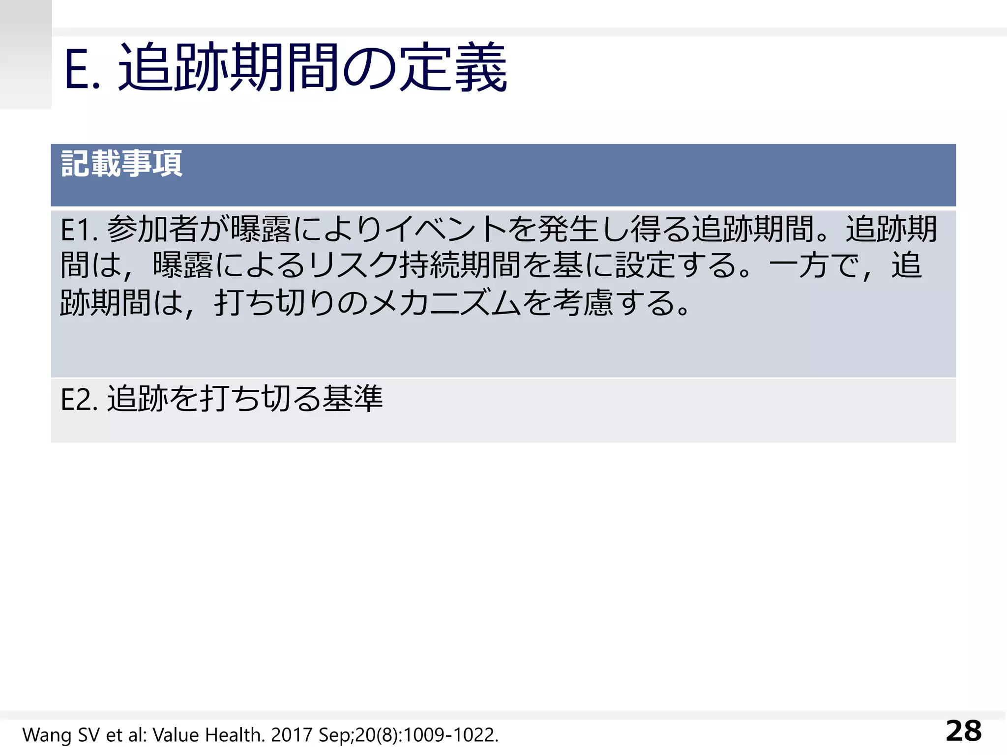 E. 追跡期間の定義
記載事項
E1. 参加者が曝露によりイベントを発生し得る追跡期間。追跡期
間は，曝露によるリスク持続期間を基に設定する。一方で，追
跡期間は，打ち切りのメカニズムを考慮する。
E2. 追跡を打ち切る基準
28Wang SV et al: Value Health. 2017 Sep;20(8):1009-1022.
 