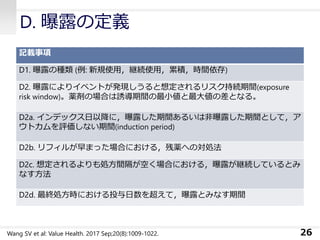 D. 曝露の定義
記載事項
D1. 曝露の種類 (例: 新規使用，継続使用，累積，時間依存)
D2. 曝露によりイベントが発現しうると想定されるリスク持続期間(exposure
risk window)。薬剤の場合は誘導期間の最小値と最大値の差となる。
D2a. インデックス日以降に，曝露した期間あるいは非曝露した期間として，ア
ウトカムを評価しない期間(induction period)
D2b. リフィルが早まった場合における，残薬への対処法
D2c. 想定されるよりも処方間隔が空く場合における，曝露が継続しているとみ
なす方法
D2d. 最終処方時における投与日数を超えて，曝露とみなす期間
26Wang SV et al: Value Health. 2017 Sep;20(8):1009-1022.
 