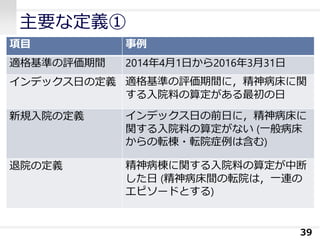 主要な定義①
39
項目 事例
適格基準の評価期間 2014年4月1日から2016年3月31日
インデックス日の定義 適格基準の評価期間に，精神病床に関
する入院料の算定がある最初の日
新規入院の定義 インデックス日の前日に，精神病床に
関する入院料の算定がない (一般病床
からの転棟・転院症例は含む)
退院の定義 精神病棟に関する入院料の算定が中断
した日 (精神病床間の転院は，一連の
エピソードとする)
 