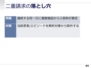 44
問題 連続する同一日に複数施設から入院料が算定
対策 当該患者/エピソードを解析対象から除外する
二重請求の落とし穴
 