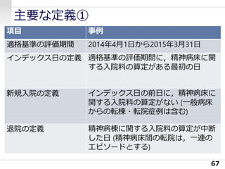 主要な定義①
67
項目 事例
適格基準の評価期間 2014年4月1日から2015年3月31日
インデックス日の定義 適格基準の評価期間に，精神病床に関
する入院料の算定がある最初の日
新規入院の定義 インデックス日の前日に，精神病床に
関する入院料の算定がない (一般病床
からの転棟・転院症例は含む)
退院の定義 精神病棟に関する入院料の算定が中断
した日 (精神病床間の転院は，一連の
エピソードとする)
 