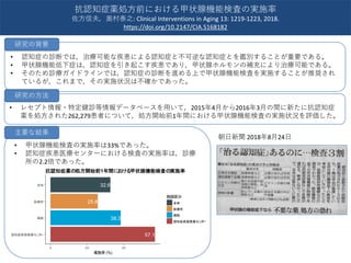 57.1
38.3
25.8
32.6
認知症疾患医療センター
病院
診療所
全体
0 20 40
実施率 (%)
施設区分
全体
診療所
病院
認知症疾患医療センター
抗認知症薬の処方開始前1年間における甲状腺機能検査の実施率
• 認知症の診断では，治療可能な疾患による認知症と不可逆な認知症とを鑑別することが重要である。
• 甲状腺機能低下症は，認知症を引き起こす疾患であり，甲状腺ホルモンの補充により治療可能である。
• そのため診療ガイドラインでは，認知症の診断を進める上で甲状腺機能検査を実施することが推奨され
ているが，これまで，その実施状況は不確かであった。
• レセプト情報・特定健診等情報データベースを用いて，2015年4月から2016年3月の間に新たに抗認知症
薬を処方された262,279患者について，処方開始前1年間における甲状腺機能検査の実施状況を評価した。
朝日新聞 2018年8月24日
抗認知症薬処方前における甲状腺機能検査の実施率
佐方信夫，奥村泰之: Clinical Interventions in Aging 13: 1219-1223, 2018.
https://doi.org/10.2147/CIA.S168182
研究の背景
研究の方法
• 甲状腺機能検査の実施率は33%であった。
• 認知症疾患医療センターにおける検査の実施率は，診療
所の2.2倍であった。
主要な結果
 