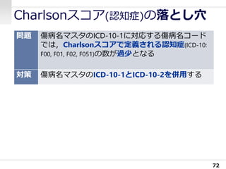 Charlsonスコア(認知症)の落とし穴
72
問題 傷病名マスタのICD-10-1に対応する傷病名コード
では，Charlsonスコアで定義される認知症(ICD-10:
F00, F01, F02, F051)の数が過少となる
対策 傷病名マスタのICD-10-1とICD-10-2を併用する
 