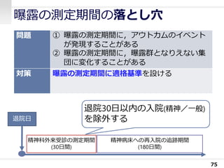 曝露の測定期間の落とし穴
75
問題 ① 曝露の測定期間に，アウトカムのイベント
が発現することがある
② 曝露の測定期間に，曝露群となりえない集
団に変化することがある
対策 曝露の測定期間に適格基準を設ける
退院日
精神病床への再入院の追跡期間
(180日間)
精神科外来受診の測定期間
(30日間)
退院30日以内の入院(精神／一般)
を除外する
 