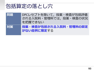 包括算定の落とし穴
93
問題 DPCレセプトを除いて，投薬・検査が包括評価
される入院料・管理料では，投薬・検査の状況
を把握できない
対策 投薬・検査が包括される入院料・管理料の算定
がない症例に限定する
 