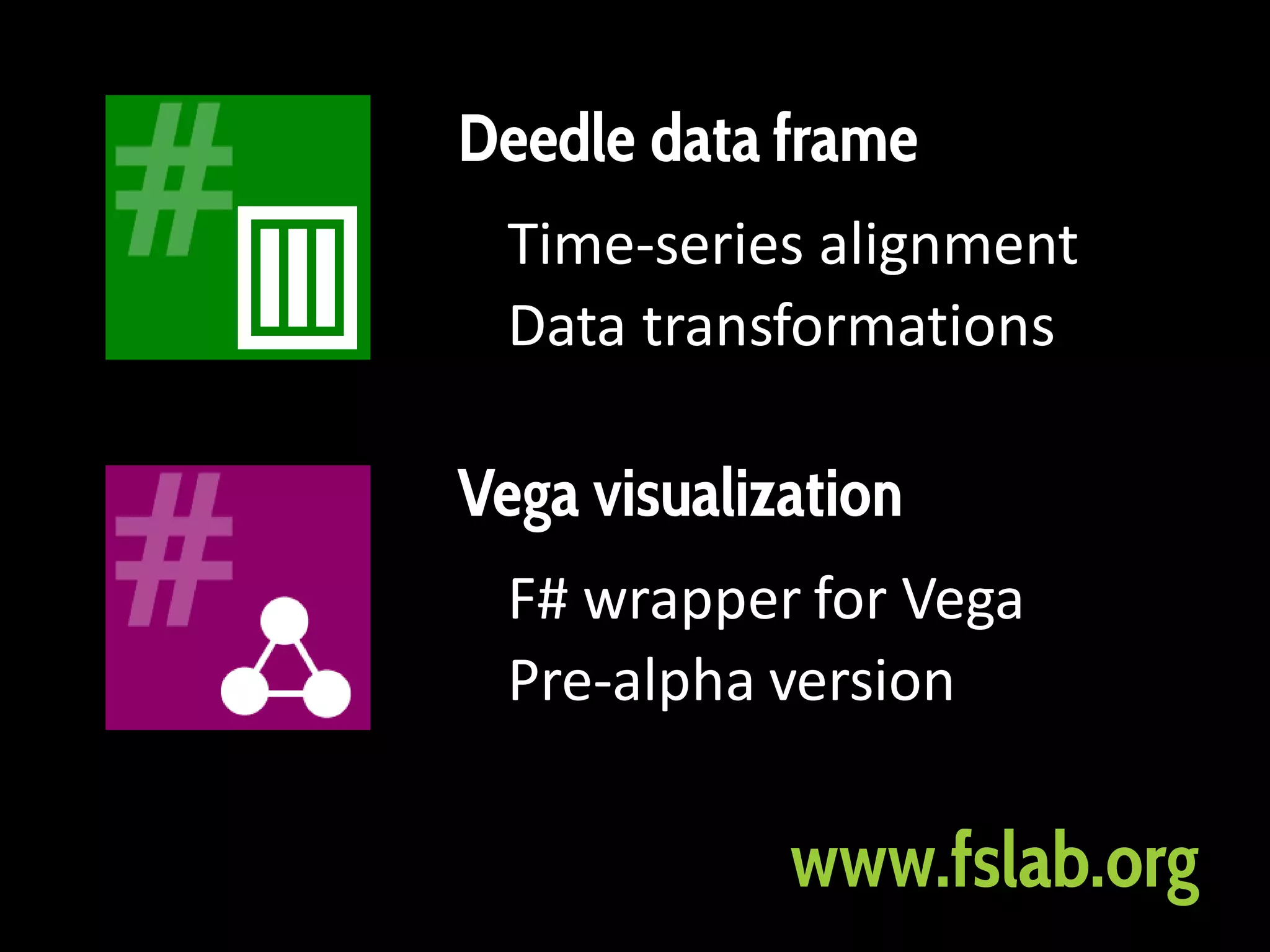 Deedle data frame
Time-series alignment
Data transformations
Vega visualization
F# wrapper for Vega
Pre-alpha version
www.fslab.org