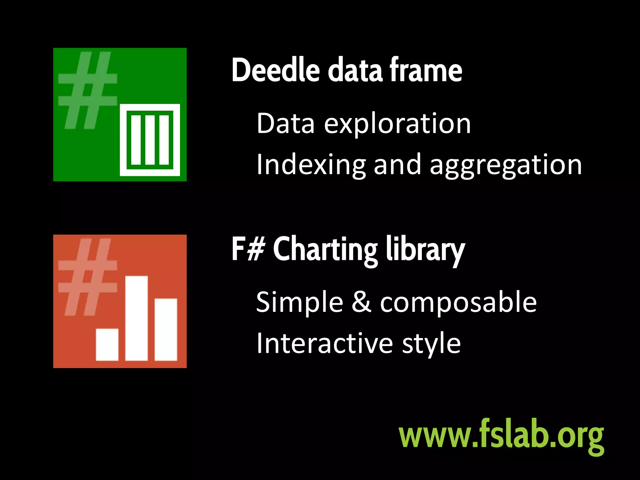 Deedle data frame
Data exploration
Indexing and aggregation
F# Charting library
Simple & composable
Interactive style
www.fslab.org