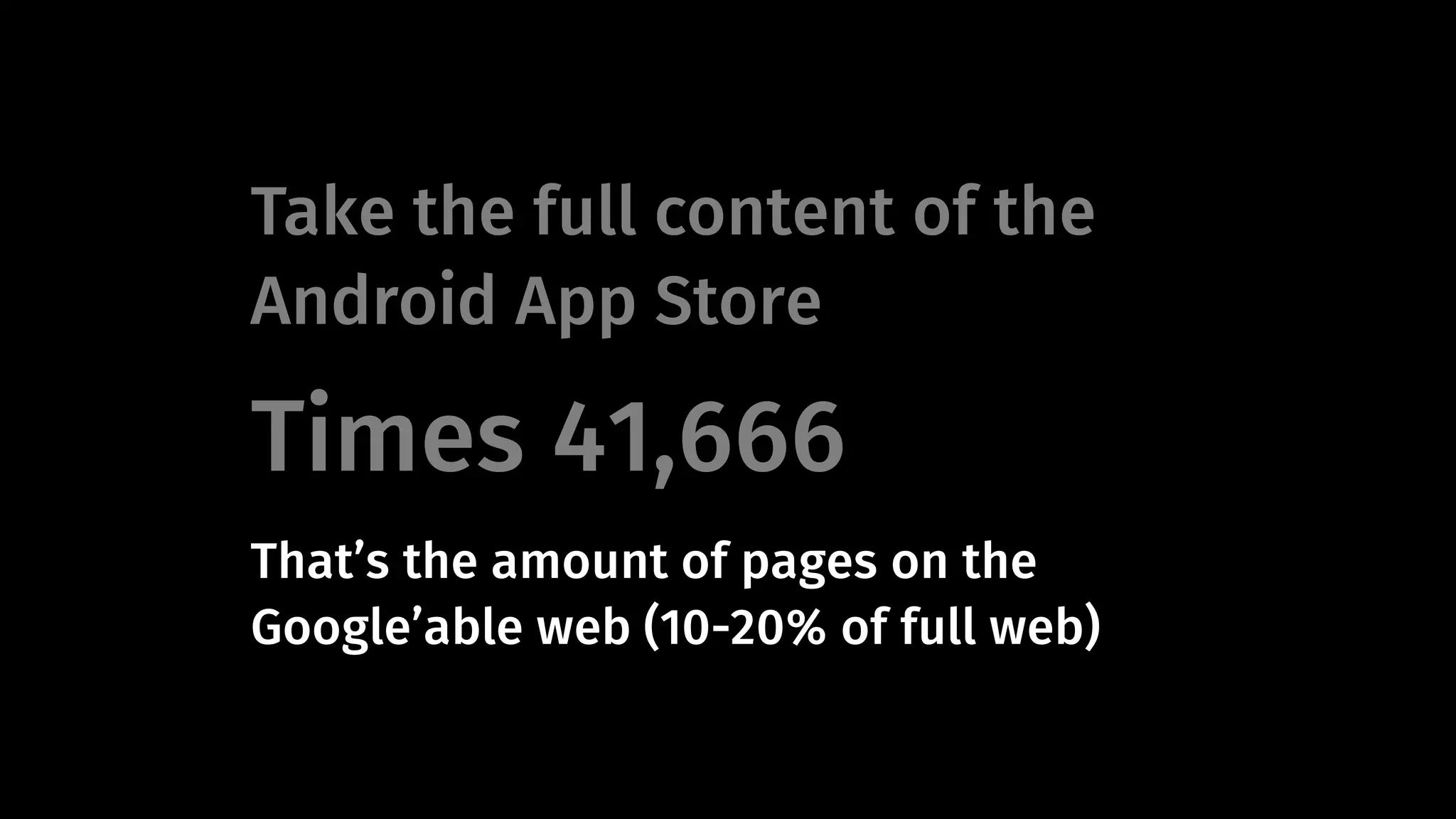 Take the full content of the 
Android App Store 
Times 41,666 
That’s the amount of pages on the 
Google’able web (10-20% of full web) 
 