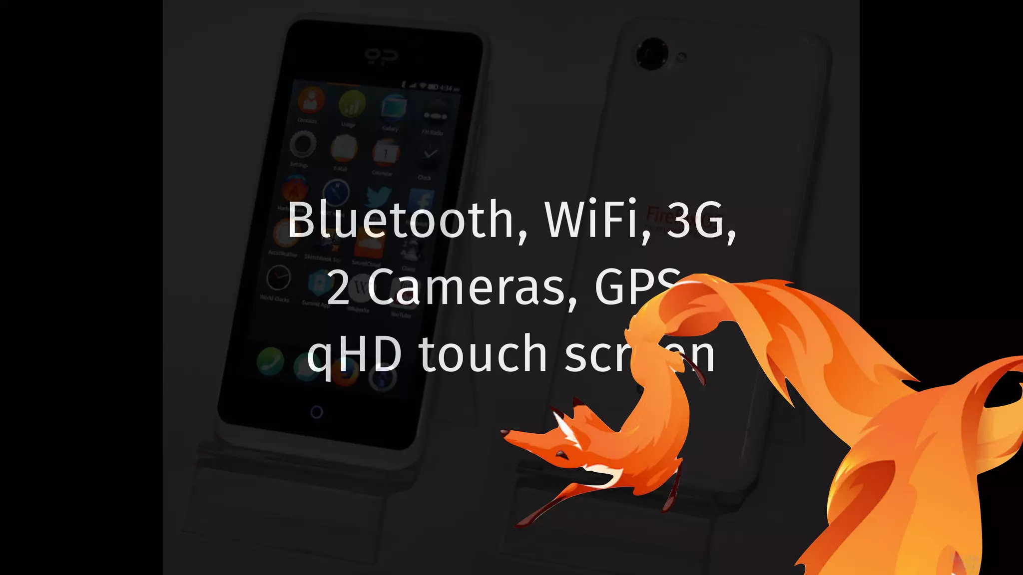 Bluetooth, WiFi, 3G, 
2 Cameras, GPS, 
qHD touch screen 
 