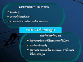 ความสามารถทางเกษตรกรรม
มีผลผลิตสูง
แรงงานที่ใช้และต้นทุนต่า
ความสามารถในการพัฒนาทางด้านเกษตรกรรม
การจัดการทรัพยากร
สัดส่วนทางทรัพยากรที่ใช้สอยและสะสมไว้เป็นทุน
ส่วนสัดรายจ่ายของรัฐ
สัดส่วนของทรัพยากรที่ใช้เพื่อความมั่นคง การพึ่งตนเอง
ได้ในทางเศรษฐกิจ
กาลังอานาจด้านเศรษฐกิจ
 
