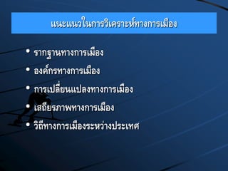 แนะแนวในการวิเคราะห์ทางการเมือง
• รากฐานทางการเมือง
• องค์กรทางการเมือง
• การเปลี่ยนแปลงทางการเมือง
• เสถียรภาพทางการเมือง
• วิถีทางการเมืองระหว่างประเทศ
 