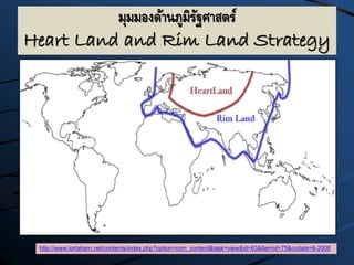 มุมมองด้านภูมิรัฐศาสตร์
Heart Land and Rim Land Strategy
http://www.tortaharn.net/contents/index.php?option=com_content&task=view&id=63&Itemid=75&ccdate=6-2008
 