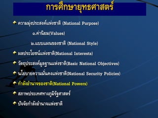 การศึกษายุทธศาสตร์
ความมุ่งประสงค์แห่งชาติ (National Purpose)
๑.ค่านิยม(Values)
๒.แบบแผนของชาติ (National Style)
ผลประโยชน์แห่งชาติ(National Interests)
วัตถุประสงค์มูลฐานแห่งชาติ(Basic National Objectives)
นโยบายความมั่นคงแห่งชาติ(National Security Policies)
กาลังอานาจของชาติ(National Powers)
สภาพประเทศทางภูมิรัฐศาสตร์
ปัจจัยกาลังอานาจแห่งชาติ
 