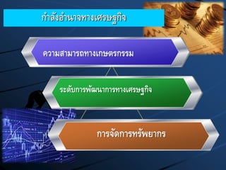 ระดับการพัฒนาการทางเศรษฐกิจ
การจัดการทรัพยากร
กาลังอานาจทางเศรษฐกิจ
ความสามารถทางเกษตรกรรม
 