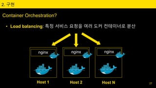 2. 구현
Container Orchestration?
• Load balancing: 특정 서비스 요청을 여러 도커 컨테이너로 분산
27Host 1 Host 2 Host N
nginx nginx nginx
 