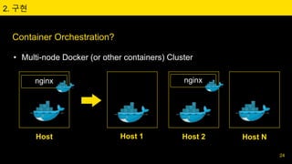 2. 구현
Container Orchestration?
• Multi-node Docker (or other containers) Cluster
24
Host Host 1 Host 2 Host N
nginx nginx
 