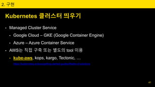 Kubernetes 클러스터 띄우기
• Managed Cluster Service
• Google Cloud – GKE (Google Container Engine)
• Azure – Azure Container Service
• AWS는 직접 구축 또는 별도의 tool 이용
• kube-aws, kops, kargo, Tectonic, …
https://kubernetes.io/docs/getting-started-guides/#table-of-solutions
2. 구현
41
 