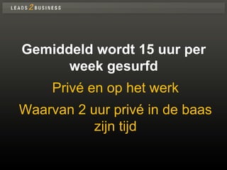 Gemiddeld wordt 15 uur per week gesurfd Privé en op het werk Waarvan 2 uur privé in de baas zijn tijd 