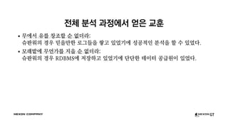 전체 분석 과정에서 얻은 교훈
무에서 유를 창조할 순 없더라:
슈판워의 경우 믿을만한 로그들을 쌓고 있었기에 성공적인 분석을 할 수 있었다.
모래밭에 무언가를 지을 순 없더라:
슈판워의 경우 RDBMS에 저장하고 있었기에 단단한 데이터 공급원이 있었다.
 