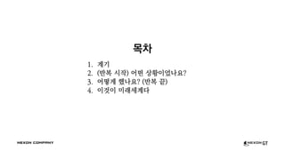 목차
1. 계기
2. (반복 시작) 어떤 상황이었나요?
3. 어떻게 했나요? (반복 끝)
4. 이것이 미래세계다
 