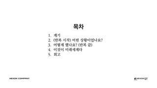 목차
1. 계기
2. (반복 시작) 어떤 상황이었나요?
3. 어떻게 했나요? (반복 끝)
4. 이것이 미래세계다
5. 회고
 