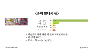 <슈퍼 판타지 워>
넥슨지티 자체 개발 세 번째 모바일 타이틀
턴 방식 SRPG
Unity, Node.js, MySQL
 