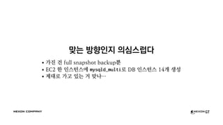 맞는 방향인지 의심스럽다
가진 건 full snapshot backup뿐
EC2 한 인스턴스에 mysqld_multi로 DB 인스턴스 14개 생성
제대로 가고 있는 거 맞나…
 
