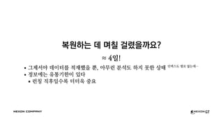 복원하는 데 며칠 걸렸을까요?
≈ 4일!
그제서야 데이터를 적재했을 뿐, 아무런 분석도 하지 못한 상태 인덱스도 별로 없는데…
정보에는 유통기한이 있다
런칭 직후일수록 더더욱 중요
 